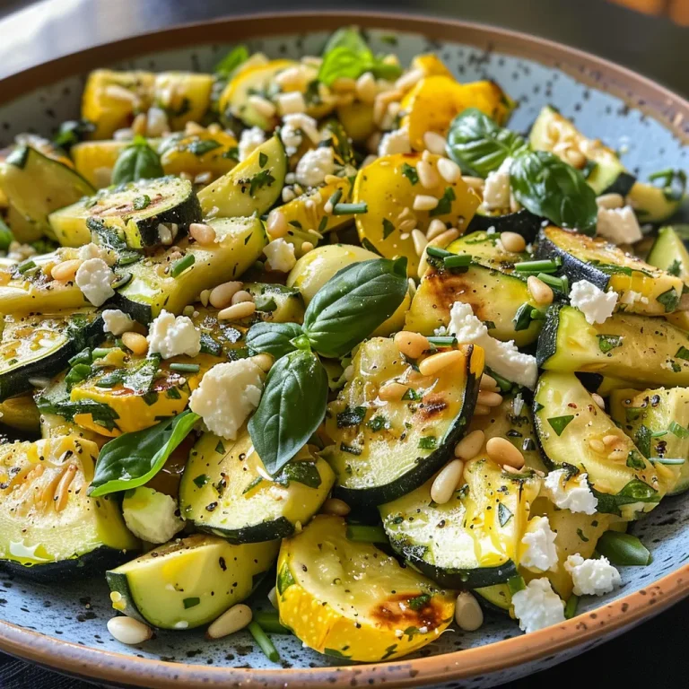 Erfrischender Zucchinisalat mit Avocado und Pinienkernen – Genuss für den Sommer Close-up of a fresh summer squash salad with avocado, pine nuts, and ricotta salata.