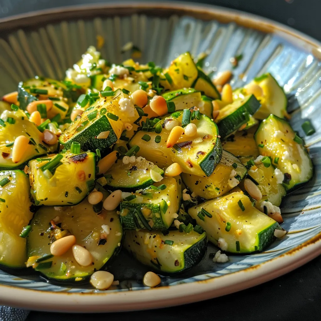 Vibrant salad featuring sliced zucchini and yellow squash, topped with avocado and pine nuts.