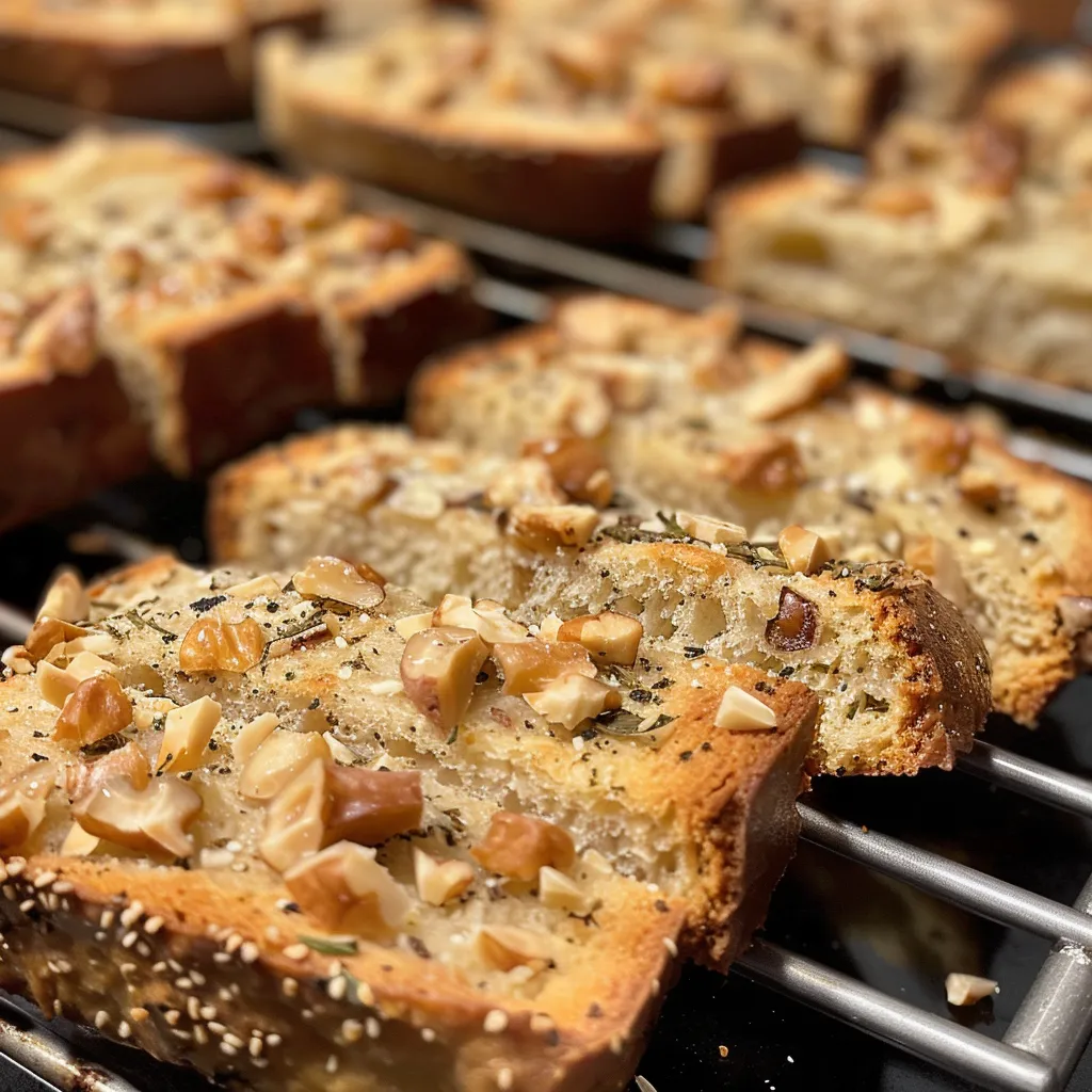 Side view photo of savory biscotti featuring pieces of walnuts and a sprinkle of herbs.
