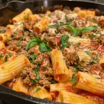 Close-up view of baked ziti topped with mozzarella and fresh basil.