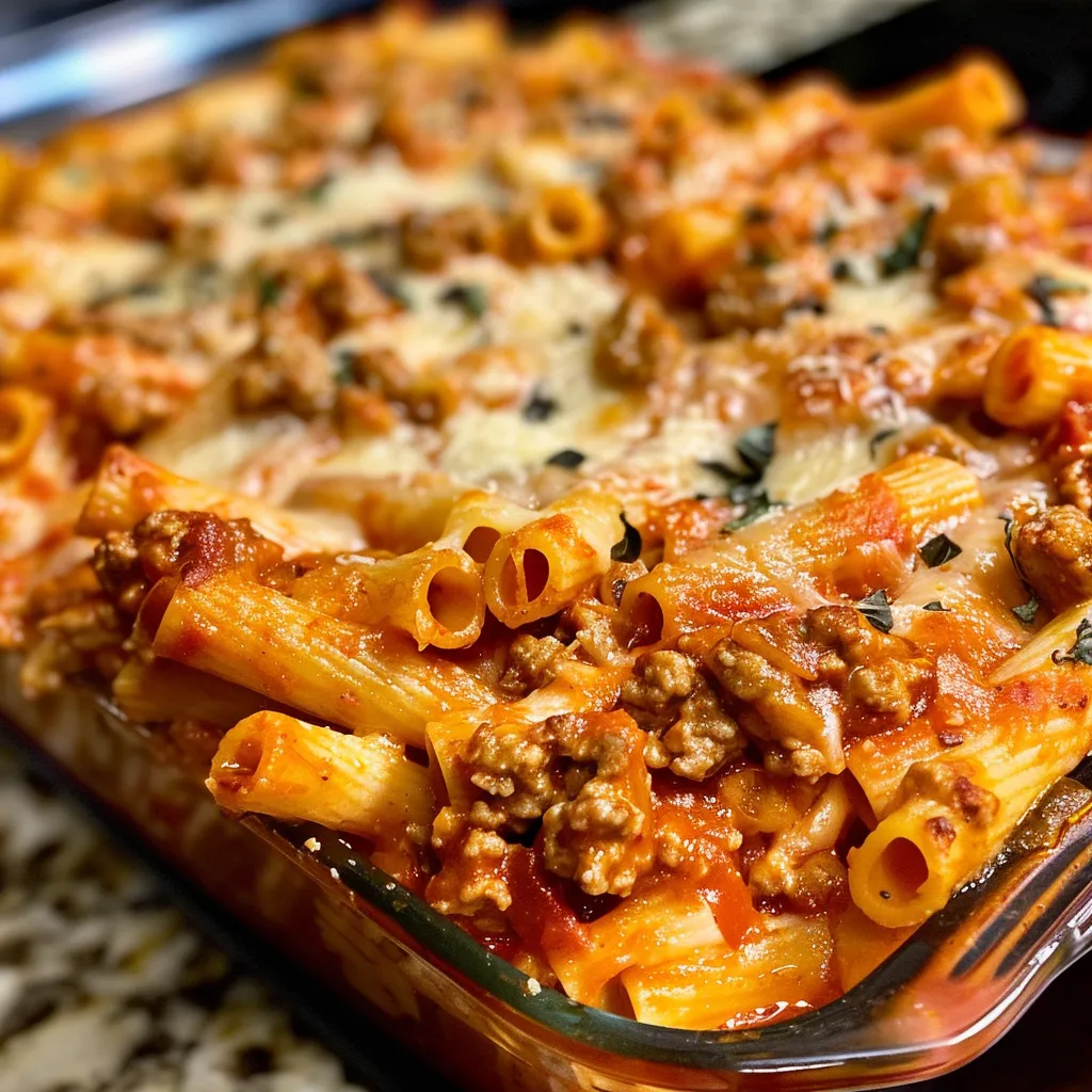 Juicy high-protein ziti with melted cheese and ground meat visible.