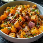 A close-up view of a vibrant salad featuring roasted squash, butter pecans, and colorful apple slices.