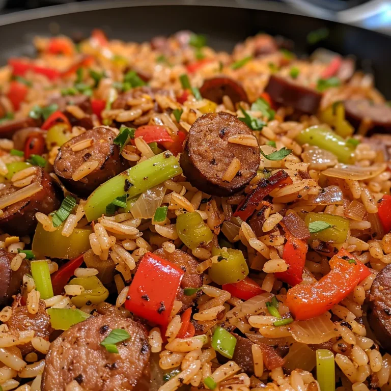 Cajun Dirty Rice: Ein Genuss aus der Südstaatenküche Close-up view of Cajun Dirty Rice with smoked sausage on a plate.
