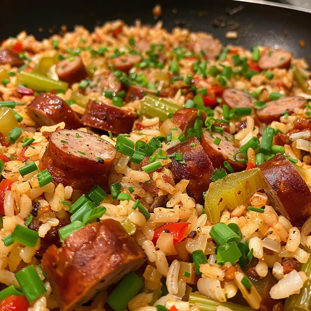 Juicy Cajun Dirty Rice topped with slices of smoked sausage, garnished with herbs.