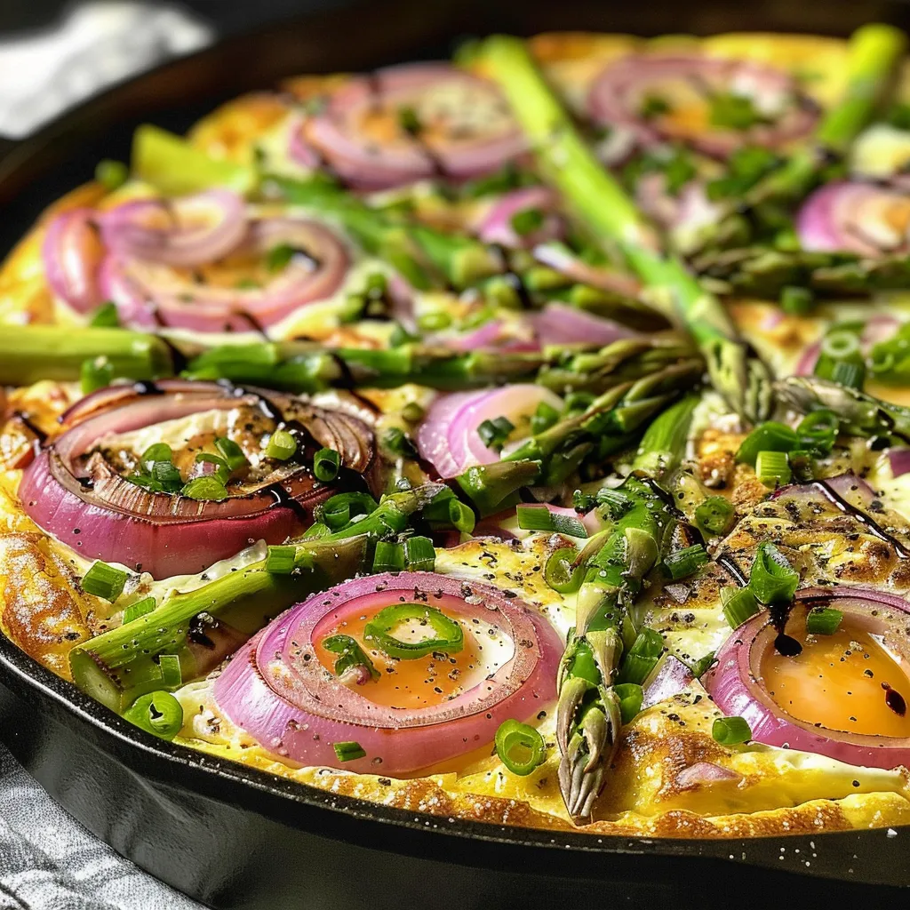 Side view of a vibrant asparagus frittata with glazed onions, showcasing its layered texture.