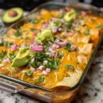 Close-up view of Turkey Enchiladas topped with cheese and fresh garnishes.