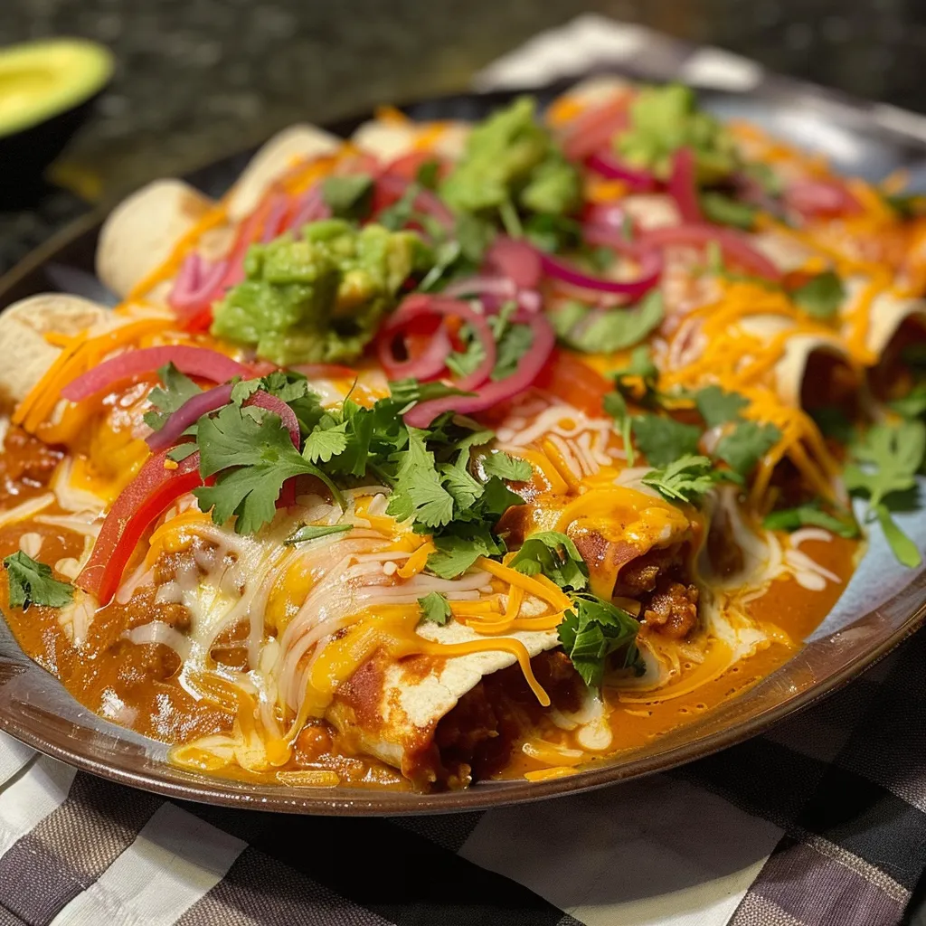 Side view of juicy Turkey Enchiladas with cilantro, avocado, and sour cream.