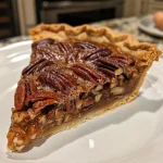 Close-up of a slice of Maple Bourbon Pecan Pie with a golden crust and glossy filling.