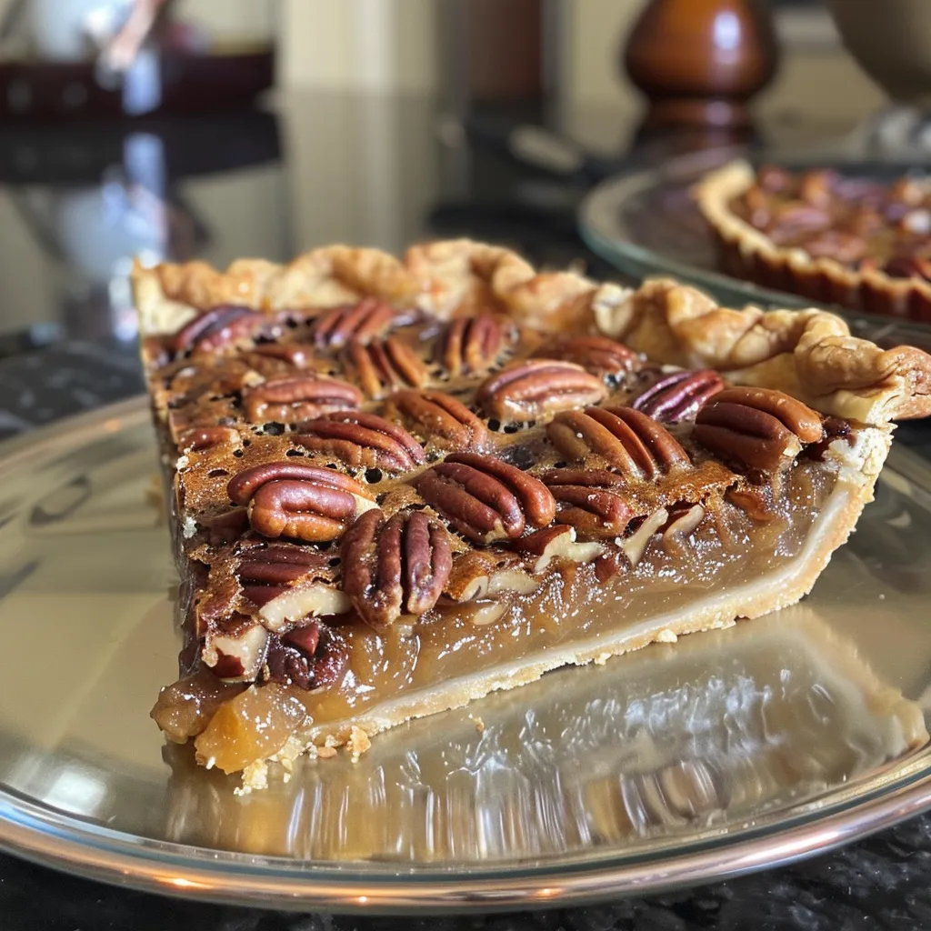 Side view of a homemade pecan pie showcasing whole pecans atop a rich, caramel-colored filling.