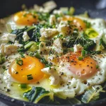 Close-up of baked eggs with leeks, feta, and silverbeet on a plate.