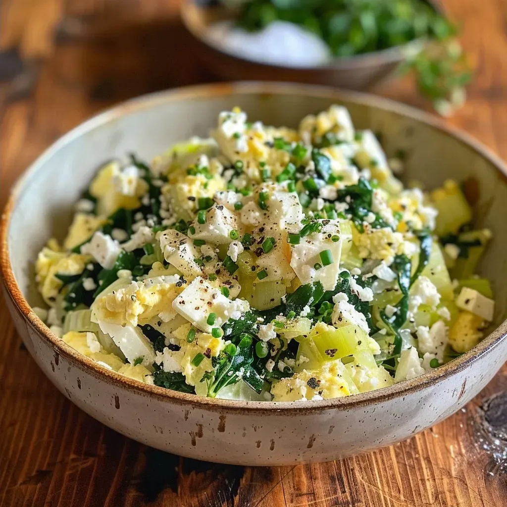 A serving of oven-baked eggs featuring sautéed leeks and crumbled feta.