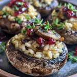 Close-up view of vegan stuffed mushrooms filled with cranberry risotto.