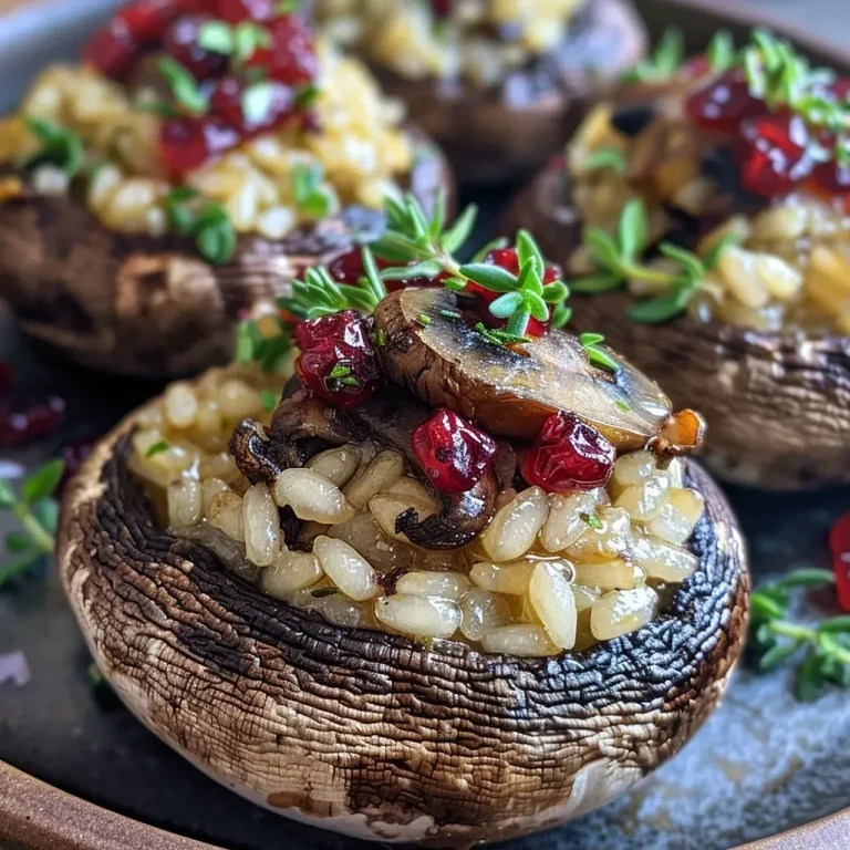 Close-up view of vegan stuffed mushrooms filled with cranberry risotto.