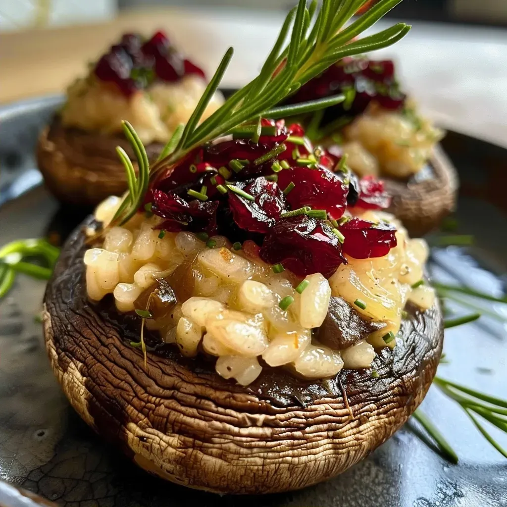 Juicy cremini mushrooms stuffed with creamy cranberry risotto on a plate.