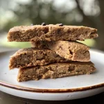 Side view of a golden-brown vegan gluten-free protein biscotti on a white plate.