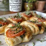 Close-up view of golden-brown vegan pizza rolls filled with spinach and caramelized onions.