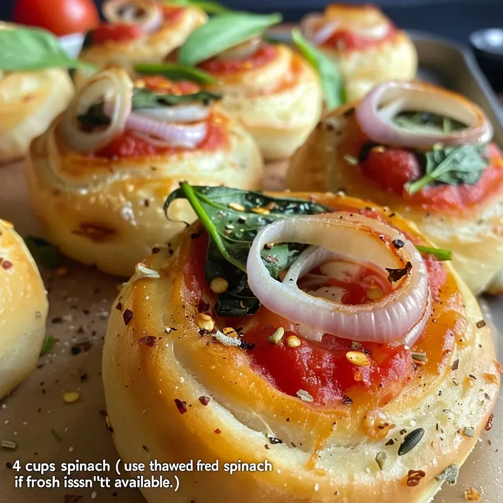 Juicy vegan pizza rolls showcasing a rich filling of sautéed onions and vibrant greens.