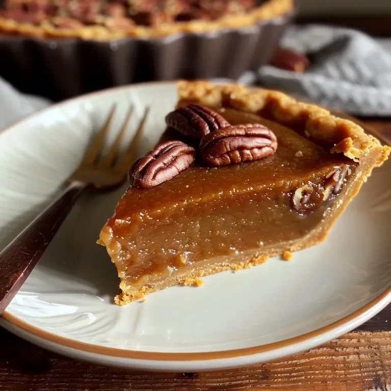 A close-up side view of a vegan bourbon pecan pie on a plate.