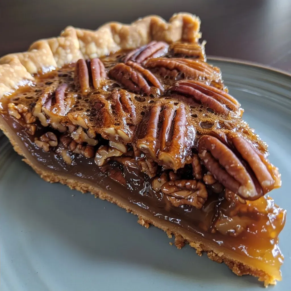 A juicy, sliced vegan bourbon pecan pie showcasing the filling and pecans.