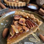 Close-up view of a vegan salted caramel tart showcasing a rich, glossy caramel layer.