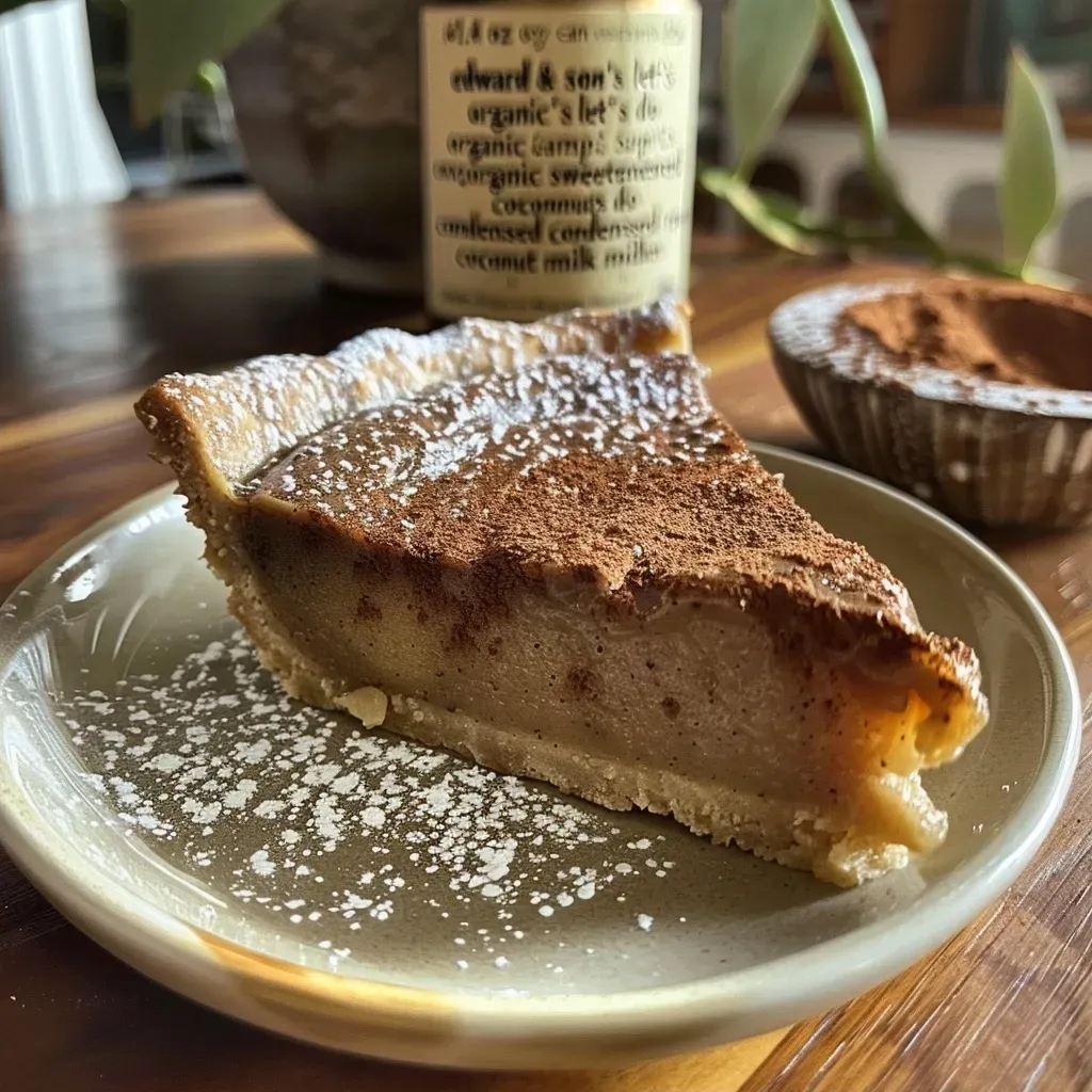 Side view of a decadent vegan caramel tart with a crumbly almond flour crust.