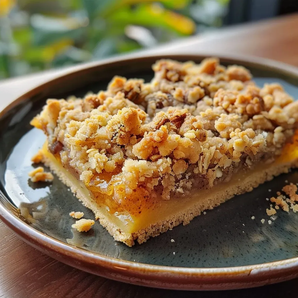 Side view of freshly baked walnut and fig crumble bars with visible fig filling.