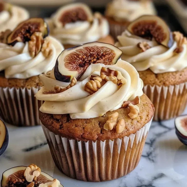 Walnuss-Feigen-Cupcakes: Ein Genuss für jeden Anlass Side view of a walnut and fig cupcake with creamy frosting and fresh fig topping.