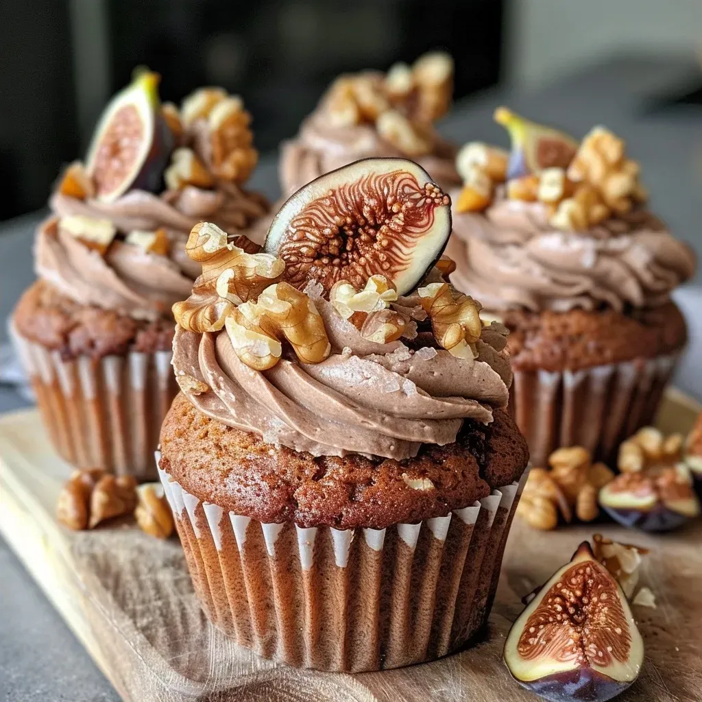 Close-up of a yummy cupcake topped with figs and redcurrants, showcasing its texture and details.