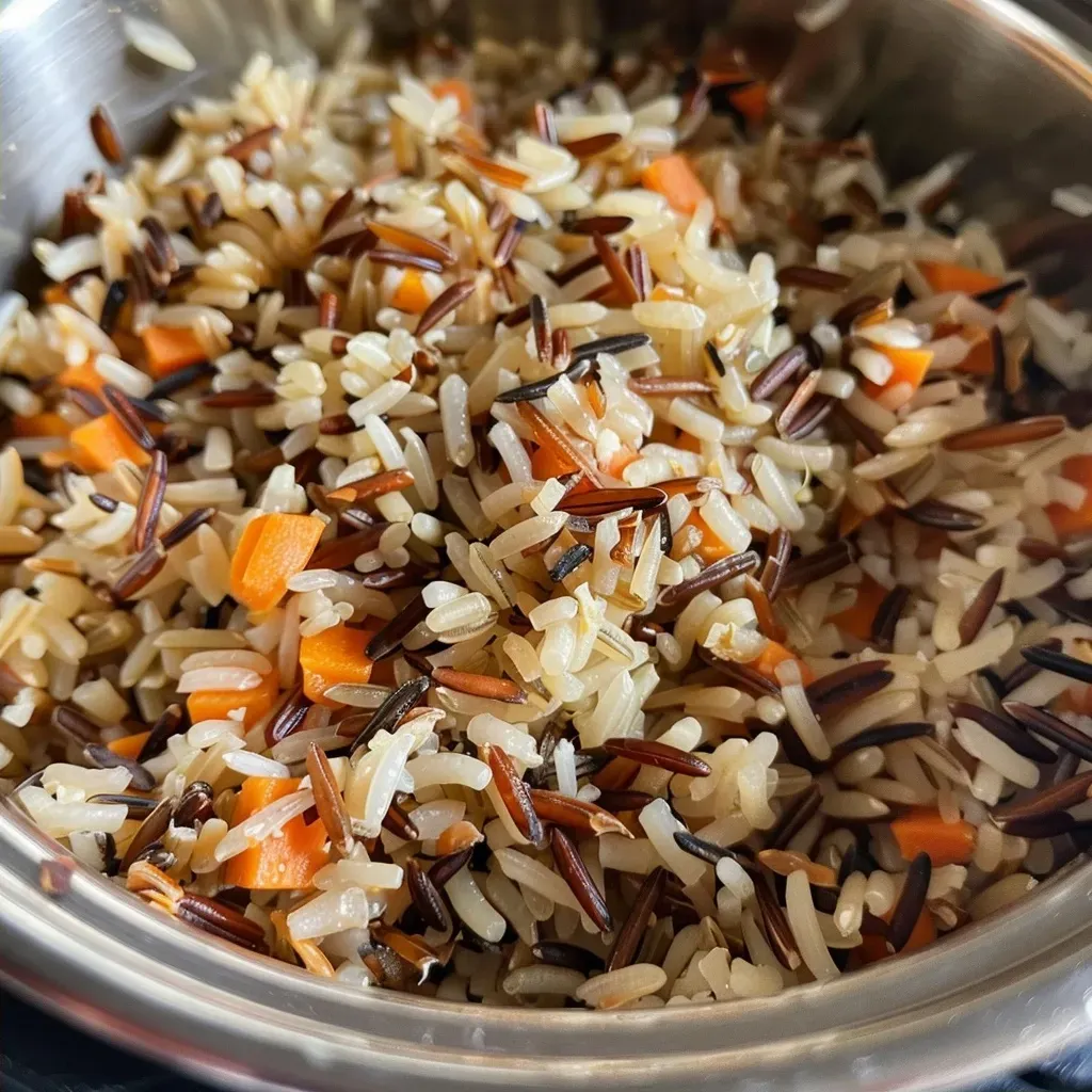 Side angle image of wild rice blend in an Instant Pot, with ingredients visibly mixed.