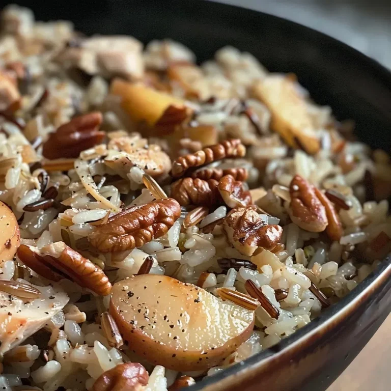 Wilder Reis – Ein Fest der Aromen für jeden Tag Close-up shot of wild rice dish with chopped pecans and apple.
