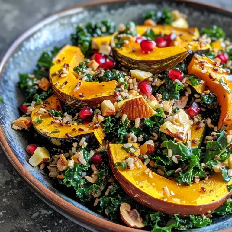 Herbstlicher Genuss: Wildreis Delicata Kürbis Grünkohlsalat Close-up view of a vibrant Wild Rice Delicata Squash Kale Salad featuring yellow squash slices and pomegranate arils.