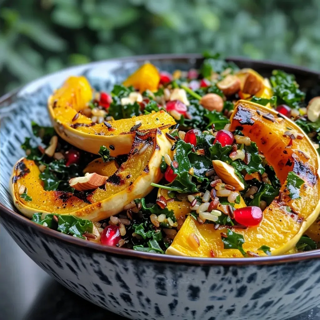 Side view of a colorful salad with delicate squash, kale, wild rice, and hazelnuts, topped with dressing.