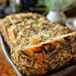 Close-up view of a bowl filled with Wild Rice Fennel Stuffing showcasing grains and herbs.