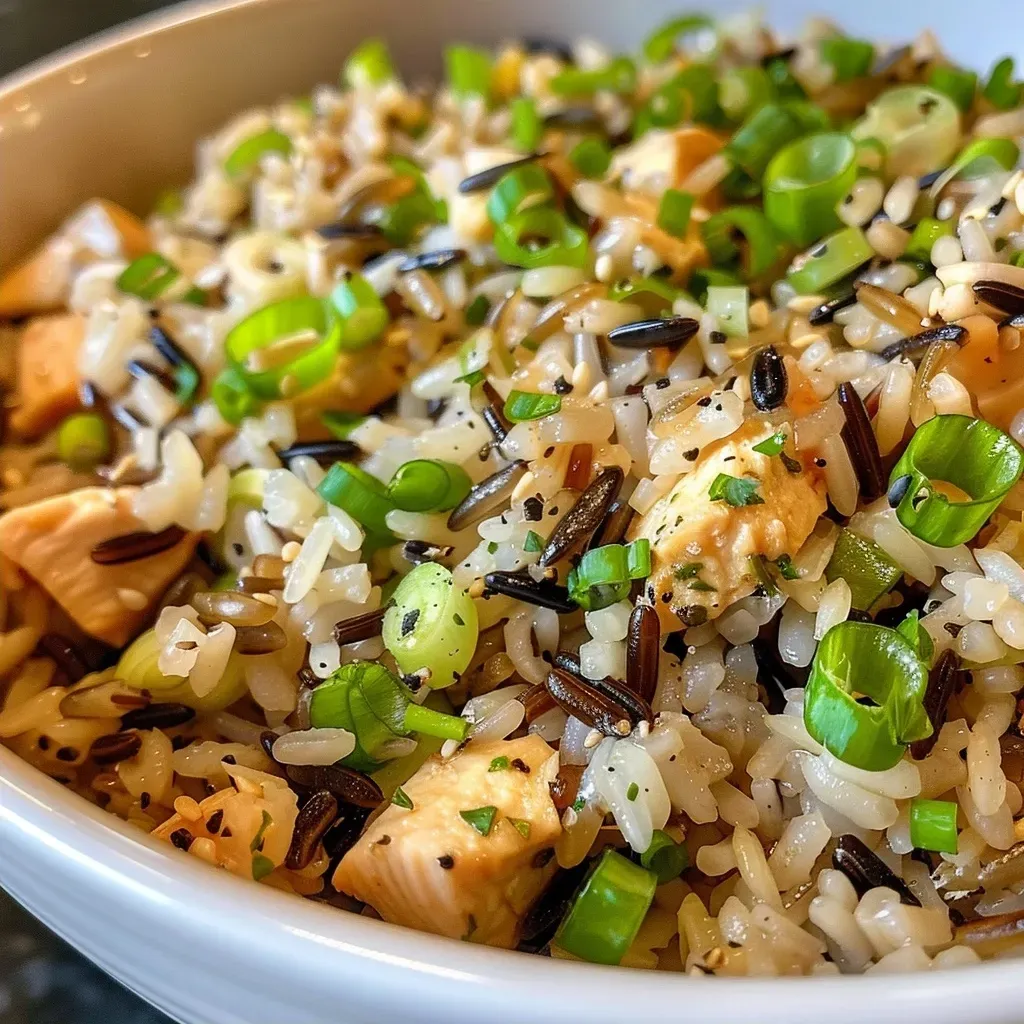 Side view of a vibrant dish of Wild Rice Pilaf with brown rice and herbs.