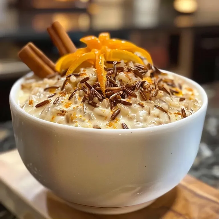 Harmonischer Wildreis-Pudding mit karamellisiertem Braunzucker A close-up side view of creamy wild rice pudding with a brown sugar brûlée topping.
