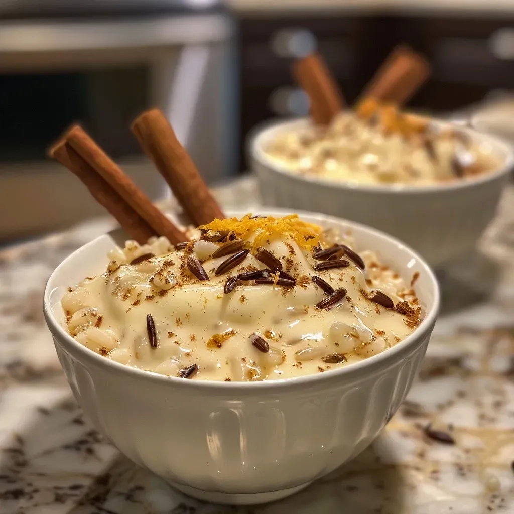 Delicious wild rice pudding topped with caramelized brown sugar, shown in a side view.