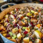 Close-up view of a savory sausage apple cranberry stuffing with visible chunks of sausage, apples, and cranberries.