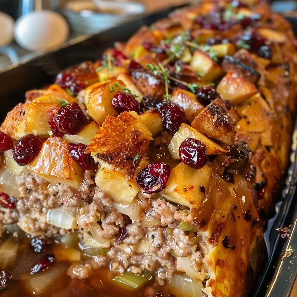 Side shot of a delicious stuffing mix, showcasing diced apple, sausage, and dried cranberries.