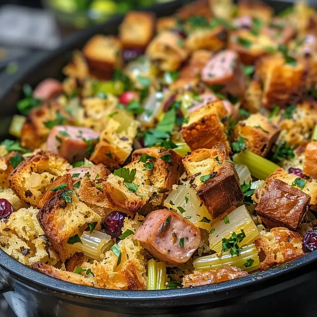 Side view of a delicious sausage herb stuffing, with visible cranberries and bread cubes.
