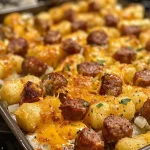 Close-up view of a golden-brown sausage and tater tot breakfast casserole with melted cheese on top.