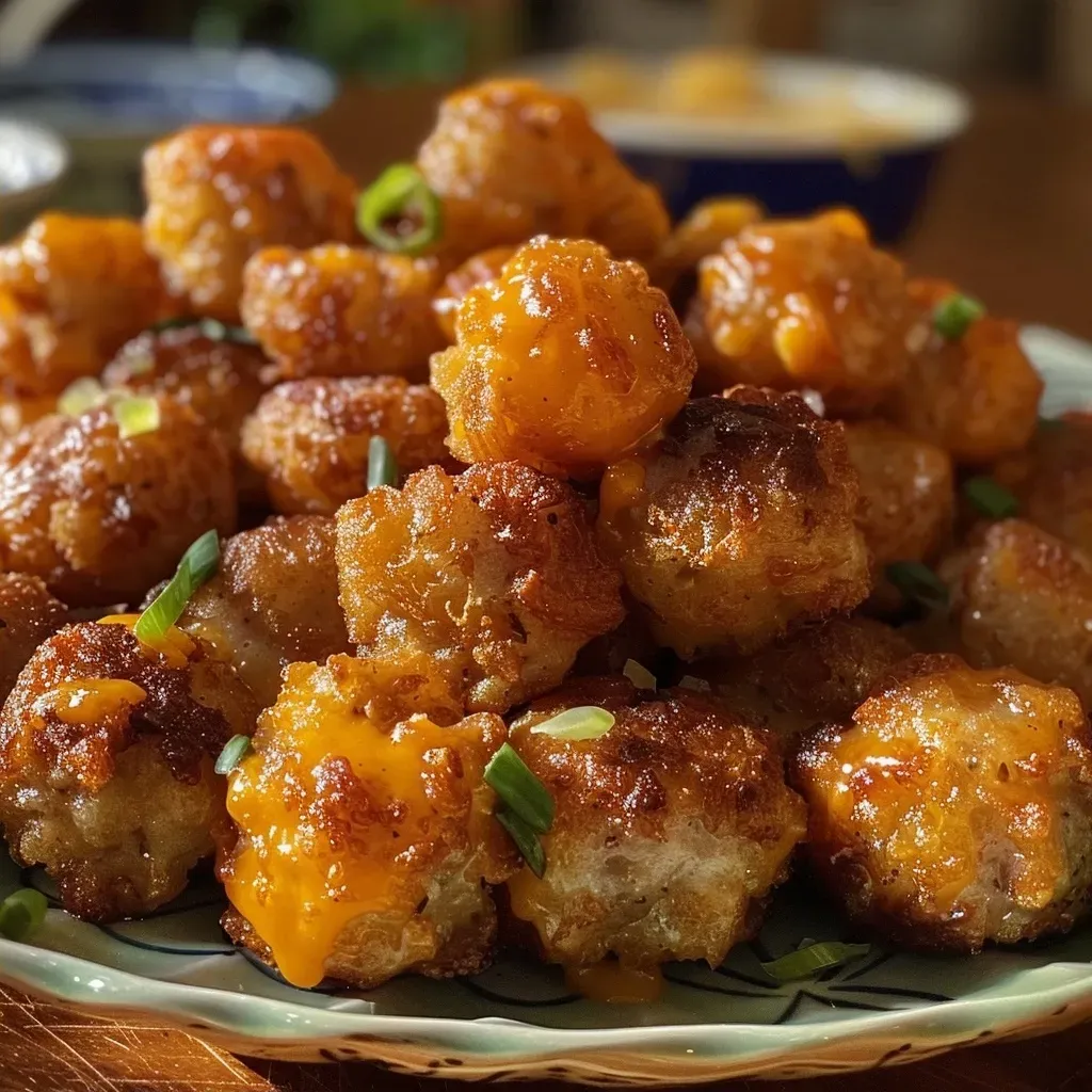 Side view of a savory breakfast casserole featuring tater tots and ground sausage, garnished with cheese.