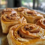 Close-up of a cinnamon roll casserole showing gooey layers and a drizzle of icing.
