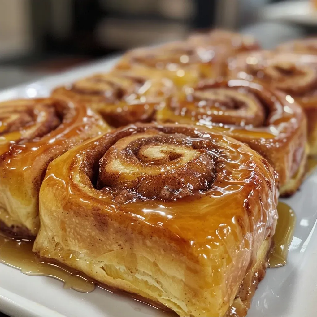 Side view of a cinnamon roll casserole revealing gooey layers and syrupy texture.