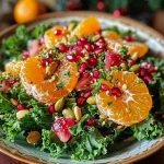 Close-up view of a colorful Citrus Pomegranate Kale Salad topped with slices of clementines and pomegranate arils.