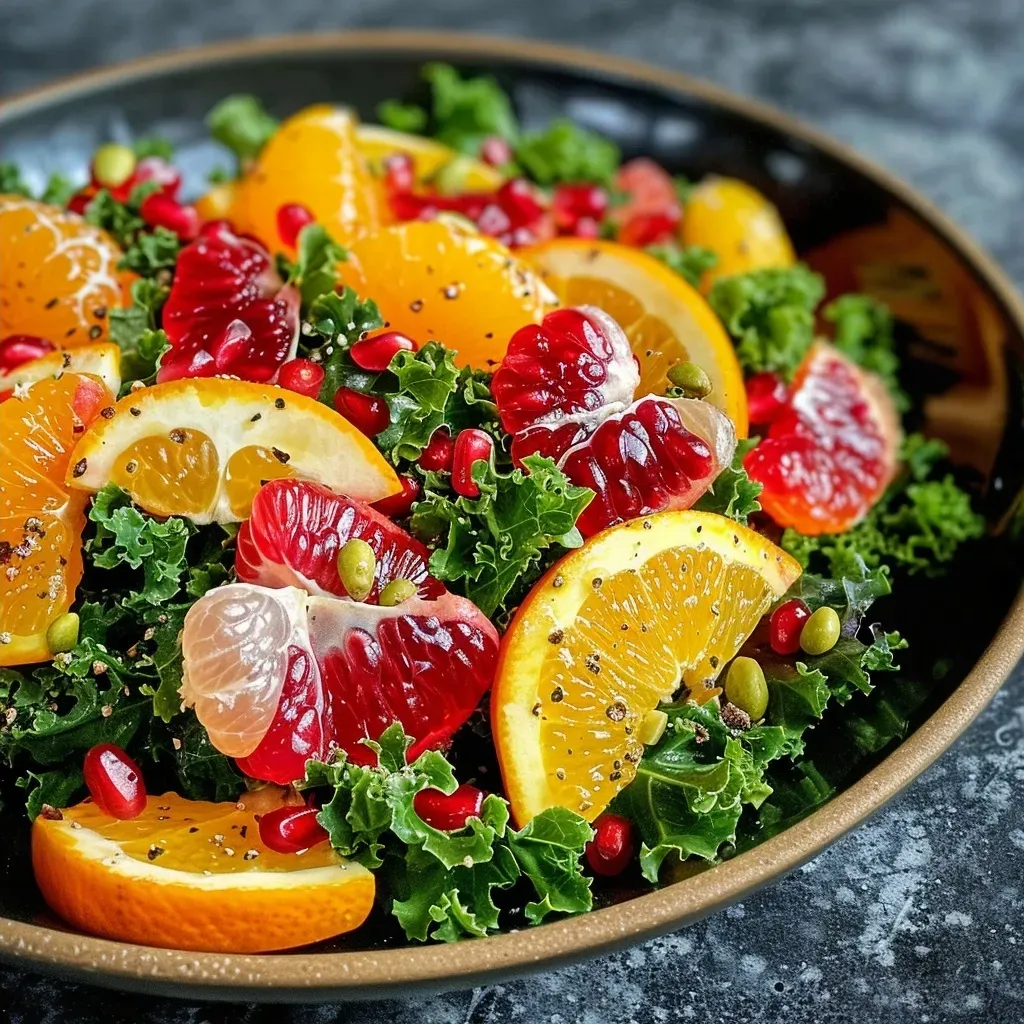 Side view of a fresh salad featuring green kale, bright orange clementines, and red pomegranate seeds.