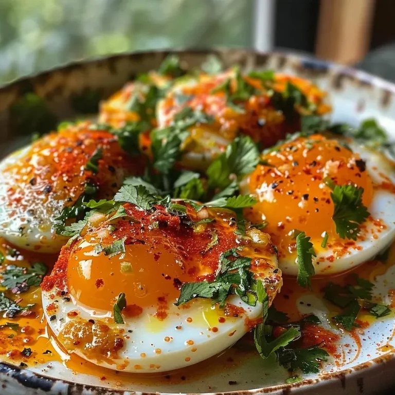 Close-up of baked celery root discs topped with sunny-side-up eggs and vibrant herbs.