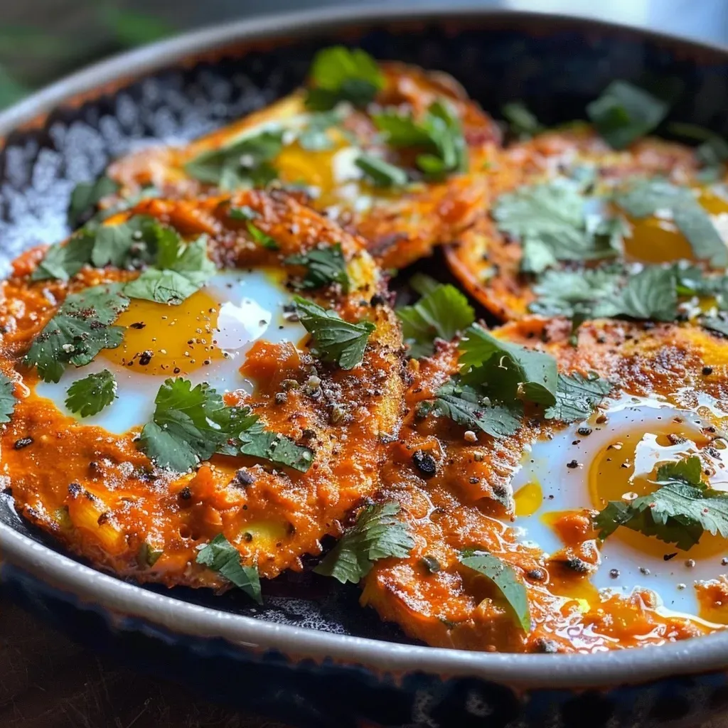 Side view of golden eggs resting on roasted celery root with citrus and harissa seasoning.