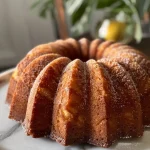 Close-up side view of a Lemon Ginger Bundt Cake with a glossy glaze.