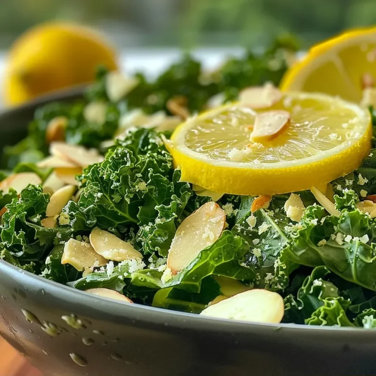 Erfrischender Zitronen-Knoblauch Grünkohlsalat für Besondere Momente Close-up view of a lemon-garlic kale salad with sliced almonds and Parmesan.