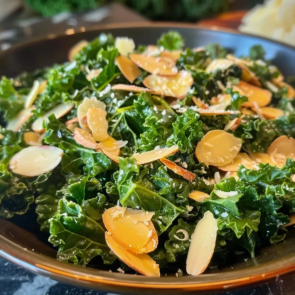Detailed side view of a vibrant kale salad featuring lemon and garlic flavors.